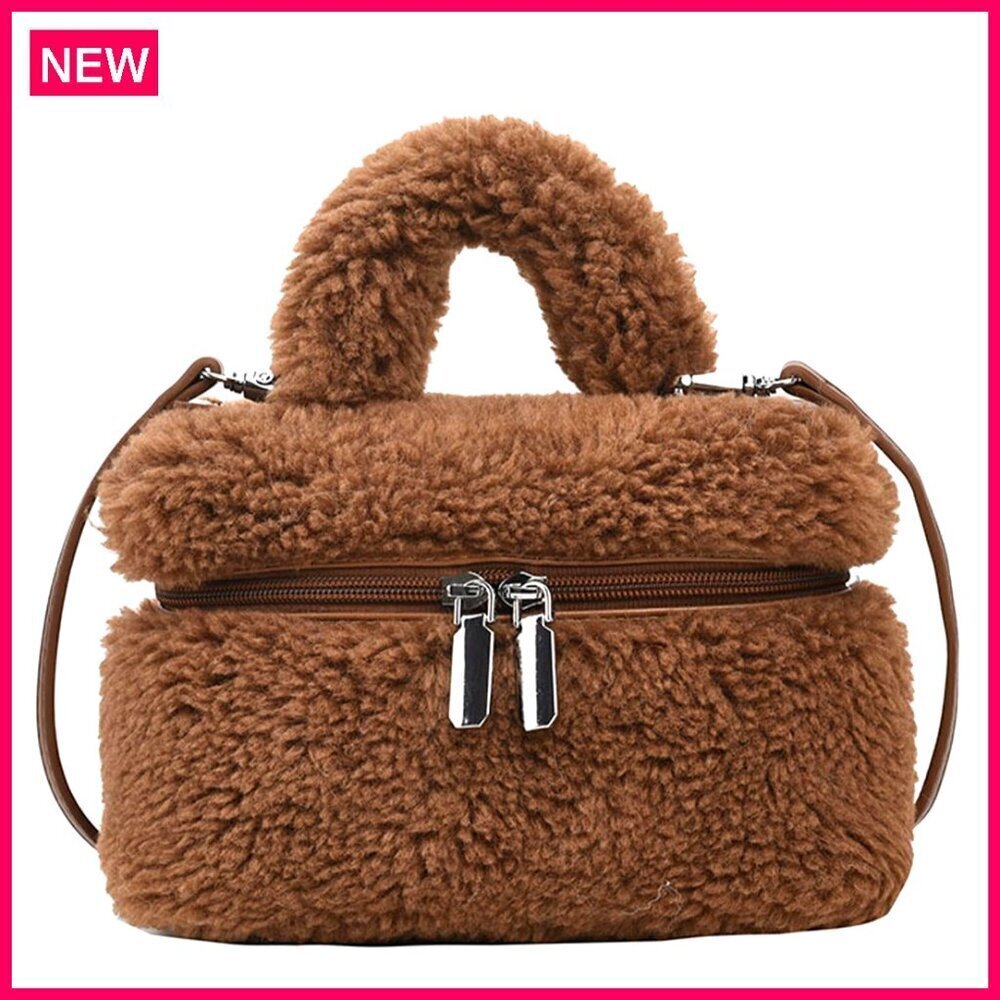 Faux Fur Crossbody Bag with Adjustable Strap, Lambswool Material, Magnetic